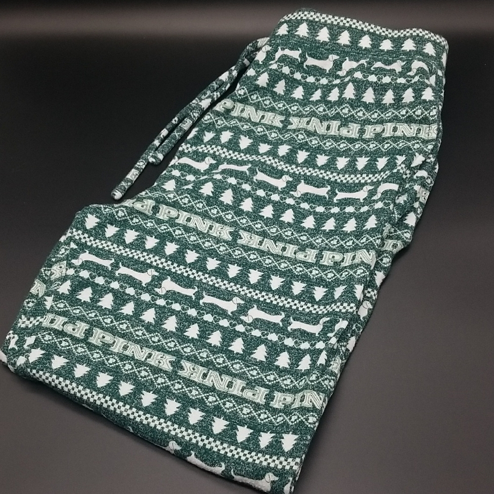 PINK Victoria's Secret Medium "PINK" Green & White Holiday Dog Pajama Bottoms